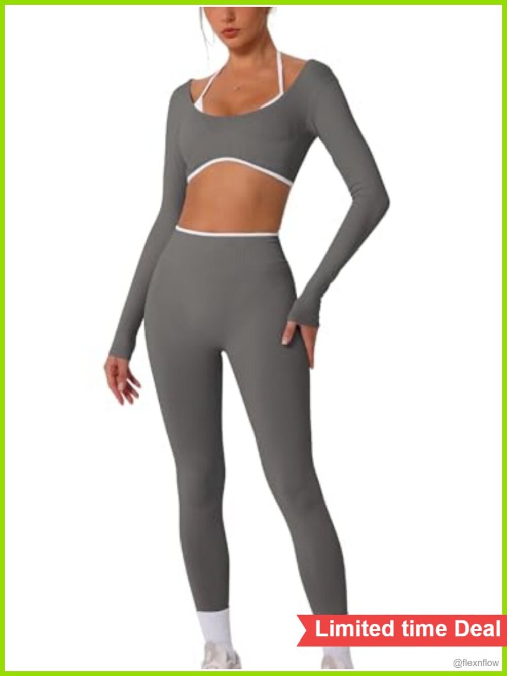 Womens 2 Piece Workout Set Long Sleeve Halter Crop Top High Waist Leggings